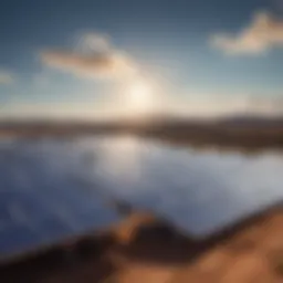 Solar panel installation reflecting a bright sky