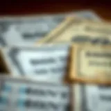 A close-up view of various bond certificates