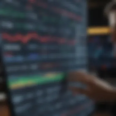 A financial professional reviewing stock market data on a digital screen.