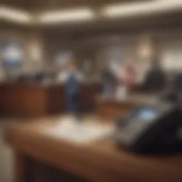 A bustling bank interior with customers cashing checks