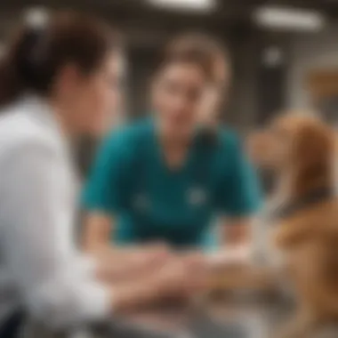 A pet owner interacting with a veterinary professional while reviewing a pet profile.