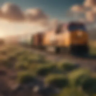 A modern freight train traveling through a vibrant landscape