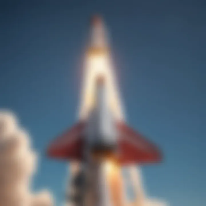 A futuristic rocket launching into a clear blue sky, symbolizing innovation in aerospace.