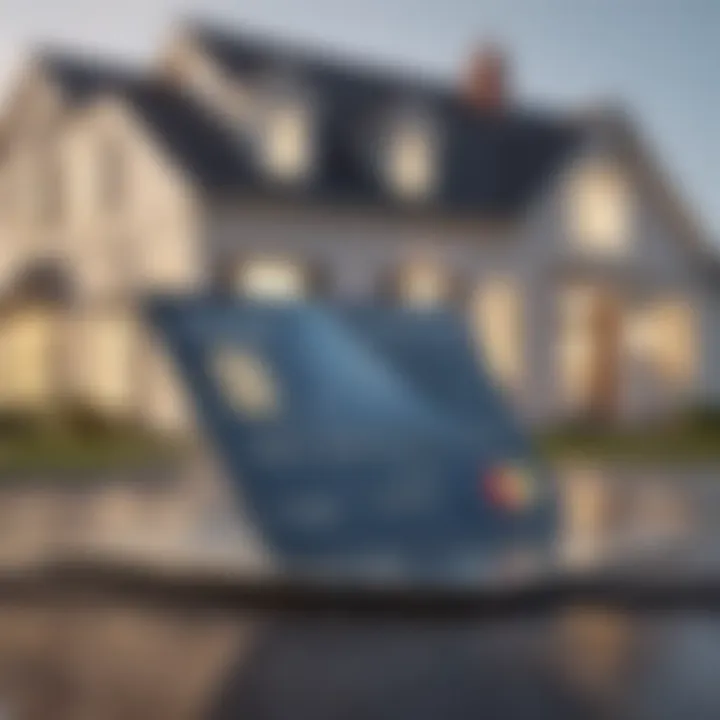 A close-up of a credit card placed on a house-shaped model, symbolizing down payments.