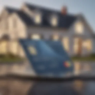 Credit Card and House Model A close-up of a credit card placed on a house-shaped model, symbolizing down payments.