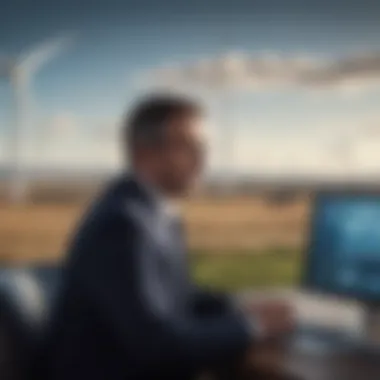 An investor analyzing data on a laptop with wind farm visuals in the background