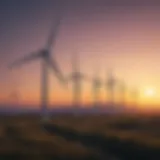 A serene landscape of wind turbines against a sunset.