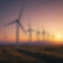 A serene landscape of wind turbines against a sunset.
