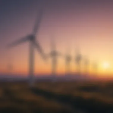A serene landscape of wind turbines against a sunset.