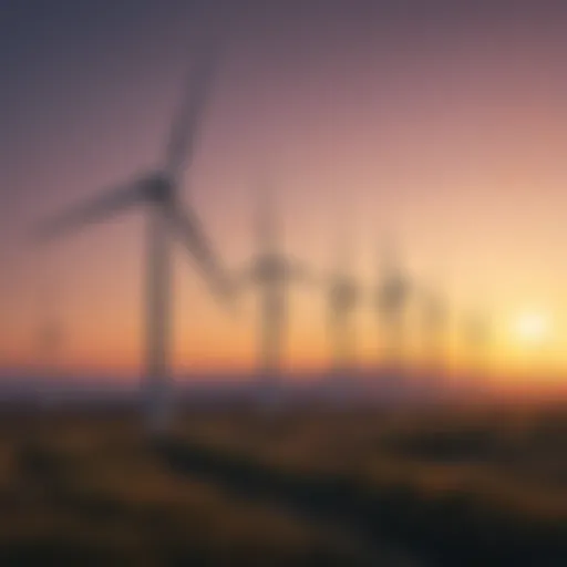 A serene landscape of wind turbines against a sunset.