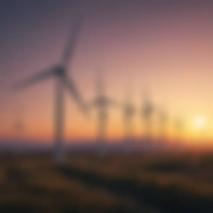 A serene landscape of wind turbines against a sunset.