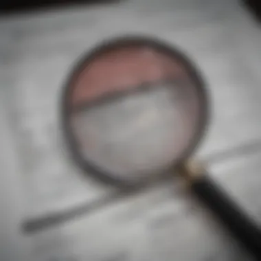 A magnifying glass focusing on financial data sheets