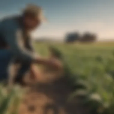 Close-up of a farmer inspecting crop yields in a field.