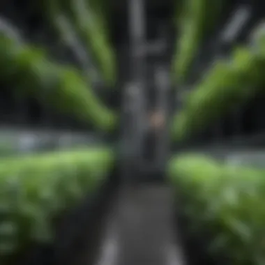 A vibrant indoor farm filled with lush green plants under LED lights.