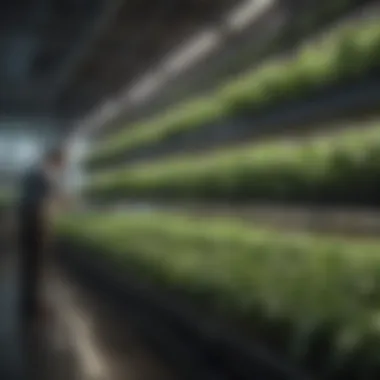 Vertical Farming and Stock Market Trends Stock market graphs overlaying images of vertical farming systems.