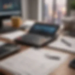 A professional workspace featuring a laptop, documents, and a calculator, symbolizing financial management.