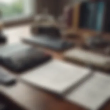 A close-up of a financial planner's desk with investment books and tools