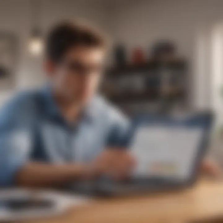 A young individual analyzing their credit report with a laptop.