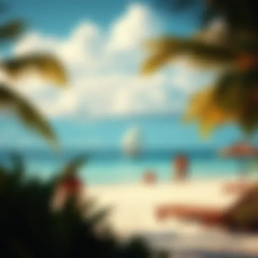 A scenic view of a tropical beach with vacationers enjoying their time
